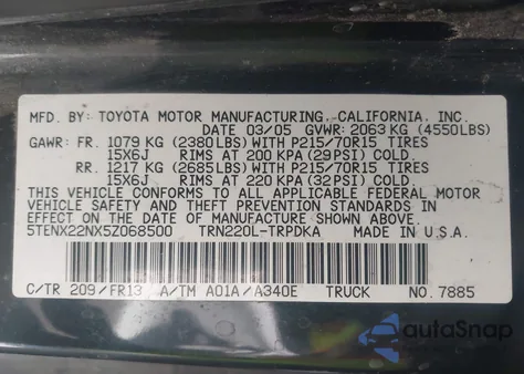 2005 Toyota Tacoma from USA, damaged, VIN 5TENX22NX5Z068500